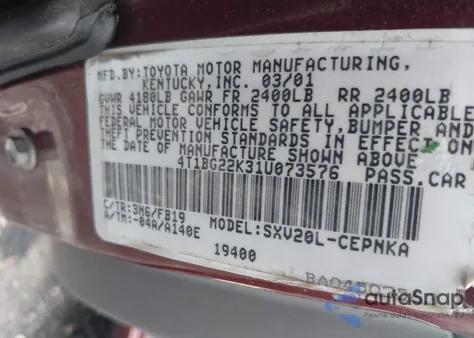 2001 Toyota Camry Le из США, поврежденный, VIN 4T1BG22K31U073576